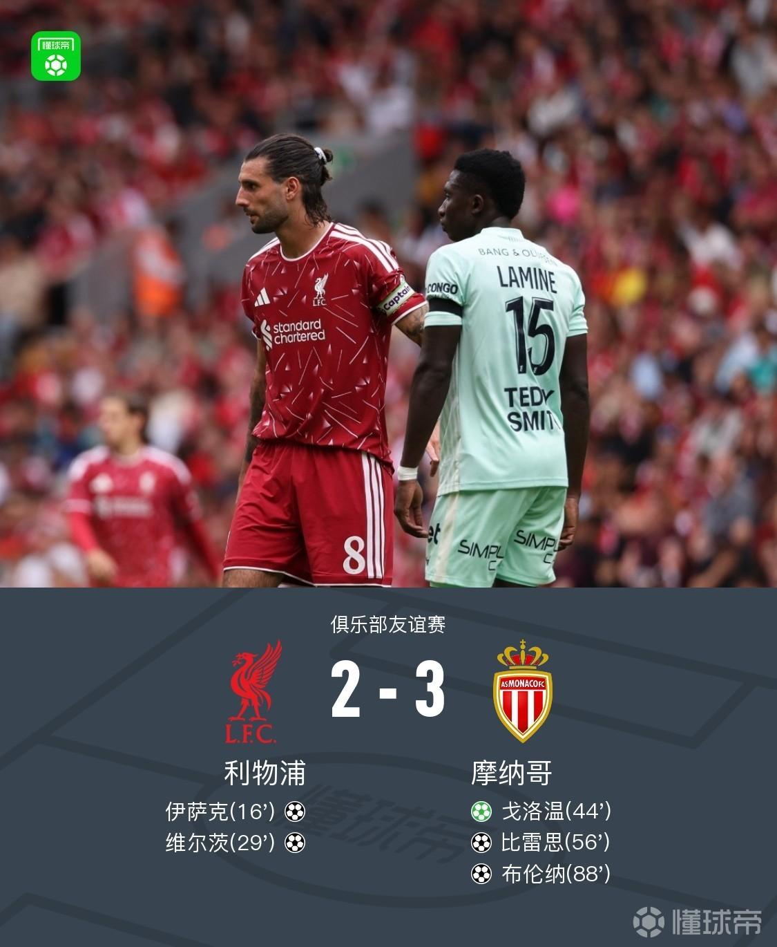 利物浦连丢三球2-3摩纳哥，布伦纳绝杀，伊萨克传射难救主